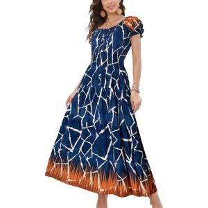 imageOSTOO Womens 2025 Summer Short Sleeves Boho Floral Print Tiered Casual Flowy Long Maxi DressNavy Blue Flowers