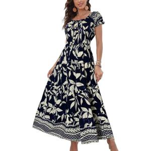 imageOSTOO Womens 2025 Summer Short Sleeves Boho Floral Print Tiered Casual Flowy Long Maxi DressNavy Leaf Flowers
