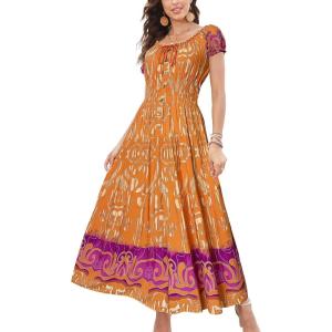 imageOSTOO Womens 2025 Summer Short Sleeves Boho Floral Print Tiered Casual Flowy Long Maxi DressOrange Flowers