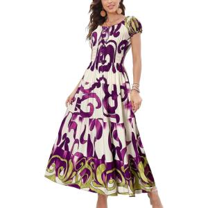 imageOSTOO Womens 2025 Summer Short Sleeves Boho Floral Print Tiered Casual Flowy Long Maxi DressPurple Flowers