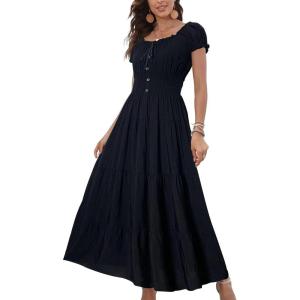 imageOSTOO Womens 2025 Summer Short Sleeves Boho Floral Print Tiered Casual Flowy Long Maxi DressSolid Black