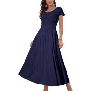 imageOSTOO Womens 2025 Summer Short Sleeves Boho Floral Print Tiered Casual Flowy Long Maxi DressSolid Navy