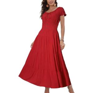 imageOSTOO Womens 2025 Summer Short Sleeves Boho Floral Print Tiered Casual Flowy Long Maxi DressSolid Red