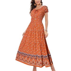 imageOSTOO Womens 2025 Summer Short Sleeves Boho Floral Print Tiered Casual Flowy Long Maxi DressTangerine Flowers