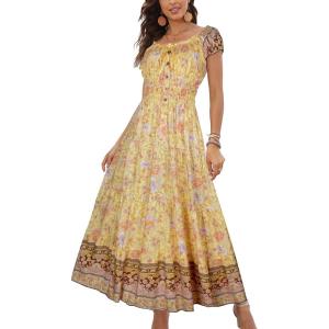 imageOSTOO Womens 2025 Summer Short Sleeves Boho Floral Print Tiered Casual Flowy Long Maxi DressYellow Flower