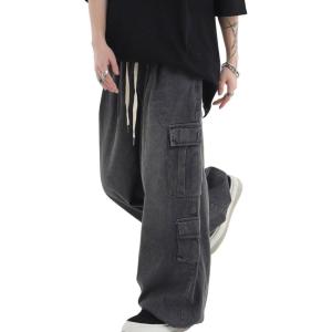 imagechouyatou Mens Wide Leg Baggy Denim Pants Drawstring Elastic Waist Y2k Street Cargo Jeans with PocketsGray