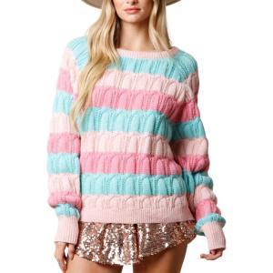 imagechouyatou Warm Womens Color Block Striped Knit Sweater Y2k Casual Pullover Loose Jacquard Jumper TopPink Green