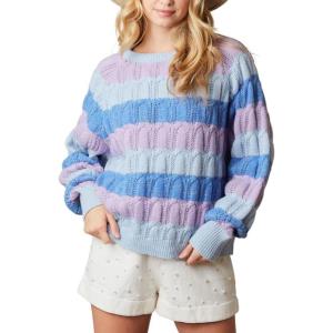 imagechouyatou Warm Womens Color Block Striped Knit Sweater Y2k Casual Pullover Loose Jacquard Jumper TopPurple Blue
