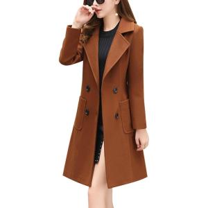 imagechouyatou Women Elegant Notched Collar Double Breasted Wool Blend Over CoatBrown