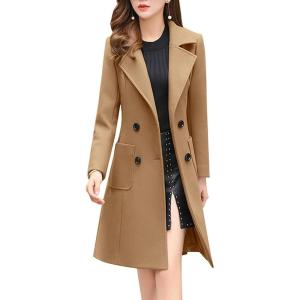 imagechouyatou Women Elegant Notched Collar Double Breasted Wool Blend Over CoatCamel