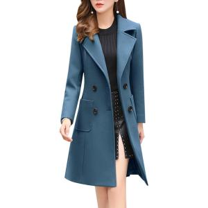 imagechouyatou Women Elegant Notched Collar Double Breasted Wool Blend Over CoatDark Blue