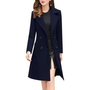 imagechouyatou Women Elegant Notched Collar Double Breasted Wool Blend Over CoatNavy Blue