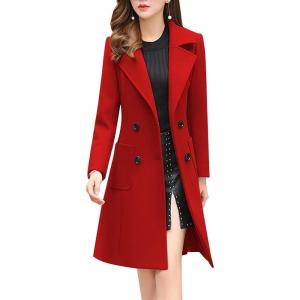 imagechouyatou Women Elegant Notched Collar Double Breasted Wool Blend Over CoatRed