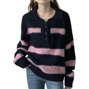 imagechouyatou Women Polo Collar 14 Button Color Block Striped Knit Loose Casual Pullover Sweater Jumper TopPink