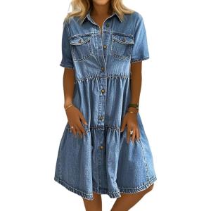 imagechouyatou Women Summer Casual Button Down Midi Denim Shirt Dress Cute Distressed Tiered Ruffle Jean DressDark Blue