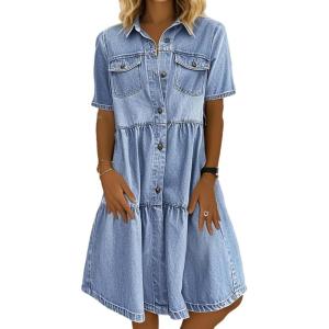 imagechouyatou Women Summer Casual Button Down Midi Denim Shirt Dress Cute Distressed Tiered Ruffle Jean DressLight Blue