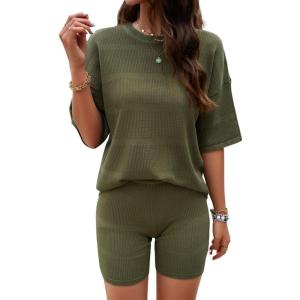 imagechouyatou Women s 2 Piece Knit Sets Short Sleeve Sweater TShirt and Shorts Two Piece Outfits SleepwearArmy Green