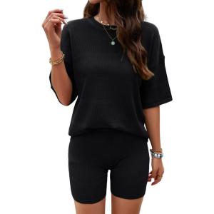 imagechouyatou Women s 2 Piece Knit Sets Short Sleeve Sweater TShirt and Shorts Two Piece Outfits SleepwearBlack