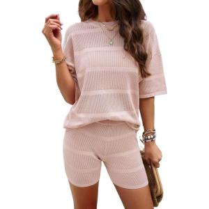 imagechouyatou Women s 2 Piece Knit Sets Short Sleeve Sweater TShirt and Shorts Two Piece Outfits SleepwearPink
