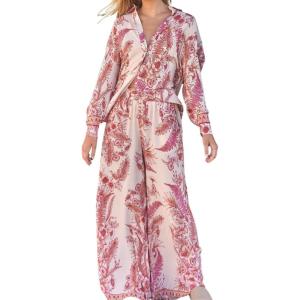 imagechouyatou Womens 2 Piece Outfit Floral Printed Button Down Shirts Wide Leg Palazzo Pants SetPink