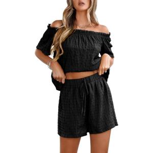 imagechouyatou Womens 2 Piece Outfit Off Shoulder Short Sleeve Blouse Tops and Elastic Waist Mini Shorts SetBlack