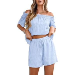 imagechouyatou Womens 2 Piece Outfit Off Shoulder Short Sleeve Blouse Tops and Elastic Waist Mini Shorts SetLight Blue