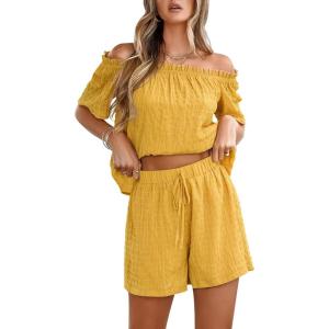 imagechouyatou Womens 2 Piece Outfit Off Shoulder Short Sleeve Blouse Tops and Elastic Waist Mini Shorts SetYellow