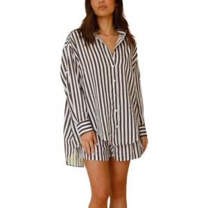 imagechouyatou Womens 2 Piece Outfits Lounge Sets Striped Button Down Shirt and Shorts Sleepwear Pajamas SetsBlack