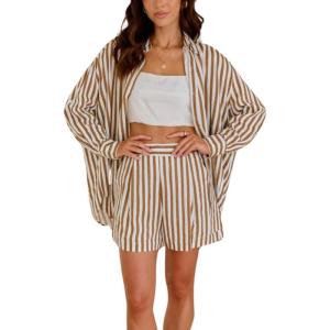 imagechouyatou Womens 2 Piece Outfits Lounge Sets Striped Button Down Shirt and Shorts Sleepwear Pajamas SetsBrown