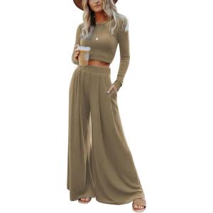 imagechouyatou Womens 2 Piece Outfits Rib Knit Long Sleeve Crop Top Sweater Wide Leg Pants Matching SetsKhaki
