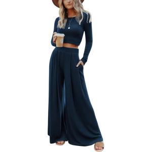 imagechouyatou Womens 2 Piece Outfits Rib Knit Long Sleeve Crop Top Sweater Wide Leg Pants Matching SetsNavy Blue