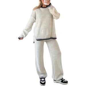 imagechouyatou Womens 2 Piece Outfits Ribbed Knit Set Pullover Sweater Wide Leg Pants Lounge SetsApricot