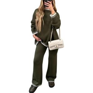 imagechouyatou Womens 2 Piece Outfits Ribbed Knit Set Pullover Sweater Wide Leg Pants Lounge SetsArmy Green