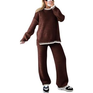 imagechouyatou Womens 2 Piece Outfits Ribbed Knit Set Pullover Sweater Wide Leg Pants Lounge SetsDark Brown