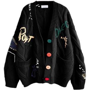 imagechouyatou Womens Cable Knit Embroidery Patchwork Cardigan V Neck Long Sleeve Open Front Button Down SweaterBlack