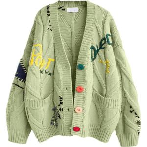imagechouyatou Womens Cable Knit Embroidery Patchwork Cardigan V Neck Long Sleeve Open Front Button Down SweaterGreen