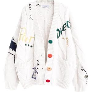 imagechouyatou Womens Cable Knit Embroidery Patchwork Cardigan V Neck Long Sleeve Open Front Button Down SweaterWhite
