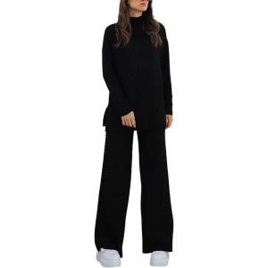 imagechouyatou Womens Casual 2 Piece Outfits Knitted Mock Neck Sweater Wide Leg Pant SetBlack