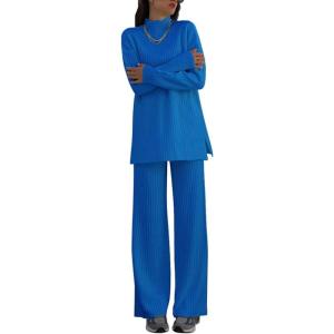 imagechouyatou Womens Casual 2 Piece Outfits Knitted Mock Neck Sweater Wide Leg Pant SetBlue