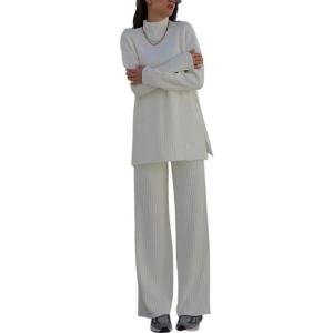 imagechouyatou Womens Casual 2 Piece Outfits Knitted Mock Neck Sweater Wide Leg Pant SetWhite