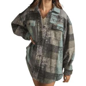 imagechouyatou Womens Casual Lapel Brushed Plaid Button Down Wool Blend Oversized Shacket Jacket Coat with PocketsBlue Gray