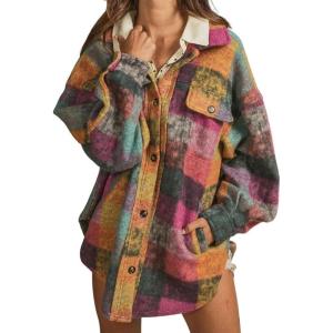 imagechouyatou Womens Casual Lapel Brushed Plaid Button Down Wool Blend Oversized Shacket Jacket Coat with PocketsRose Red