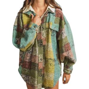 imagechouyatou Womens Casual Lapel Brushed Plaid Button Down Wool Blend Oversized Shacket Jacket Coat with PocketsYellow Green