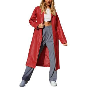 imagechouyatou Womens Casual Lapel Open Front Pu Faux Leather Long Trench Coat with BeltRed