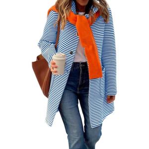imagechouyatou Womens Color Block Striped Hooded Cardigan Sweaters Button Down Long Coatigan Jackets with PocketsBlue