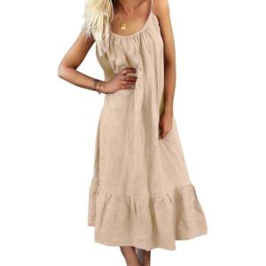 imagechouyatou Womens Cotton Linen Spaghetti Strap Beach Dress Casual Loose ALine Midi Long SundressLight Khaki