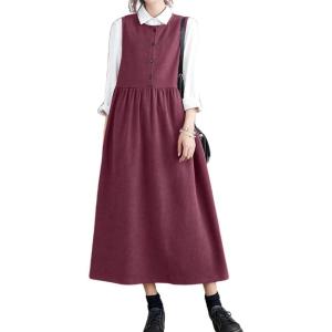 imagechouyatou Womens Cute Sleeveless Corduroy Overall Dress Jumper Midi Babydoll Tank Dress with PocketsDark Red
