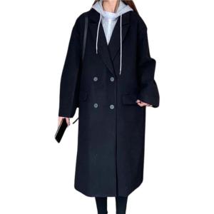 imagechouyatou Womens Fake 2 Piece Hooded Wool Blend Long Overcoat Notched Collar Double Breasted Pea CoatBlack