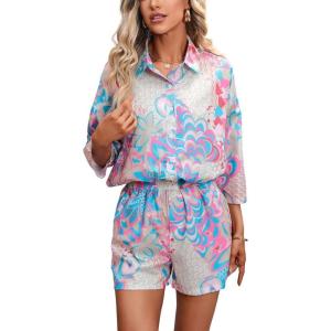 imagechouyatou Womens Floral Print 2 Piece Outfits 34 Sleeve Button Down Oversized Shirt and Shorts SetPink Blue