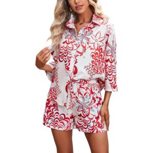 imagechouyatou Womens Floral Print 2 Piece Outfits 34 Sleeve Button Down Oversized Shirt and Shorts SetRed